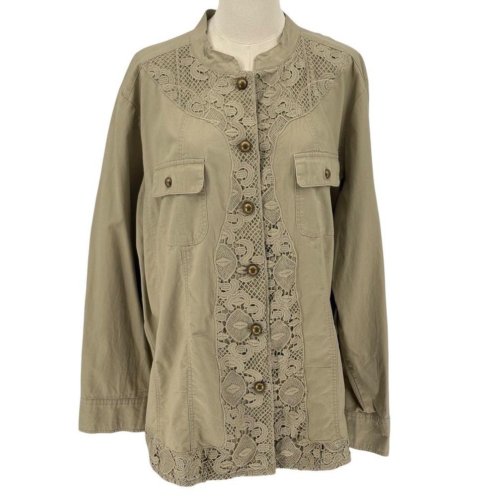 Tantrums Khaki Lace‎ Detail Button Front Shirt Jacket Women's XXL